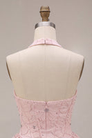 Laden Sie das Bild in den Galerie-Viewer, Neckholder-Halsausschnitt mit rosa A-Linien-Blumenkorsett, Jacquard-Perlen-Homecoming-Kleid