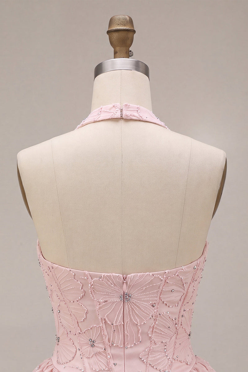 Laden Sie das Bild in den Galerie-Viewer, Neckholder-Halsausschnitt mit rosa A-Linien-Blumenkorsett, Jacquard-Perlen-Homecoming-Kleid