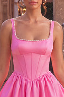 Laden Sie das Bild in den Galerie-Viewer, Rosa A-Linien-Korsett mit quadratem Satin-Perlen-Kurzzeit-Homecoming-Kleid