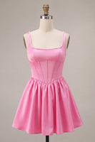 Laden Sie das Bild in den Galerie-Viewer, Rosa A-Linien-Korsett mit quadratem Satin-Perlen-Kurzzeit-Homecoming-Kleid