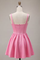 Laden Sie das Bild in den Galerie-Viewer, Rosa A-Linien-Korsett mit quadratem Satin-Perlen-Kurzzeit-Homecoming-Kleid