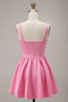 Rosa A-Linie Korsett Quadrathals Satin Perlen Kurzes Abendkleid