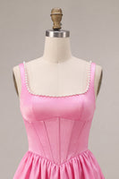 Laden Sie das Bild in den Galerie-Viewer, Rosa A-Linien-Korsett mit quadratem Satin-Perlen-Kurzzeit-Homecoming-Kleid