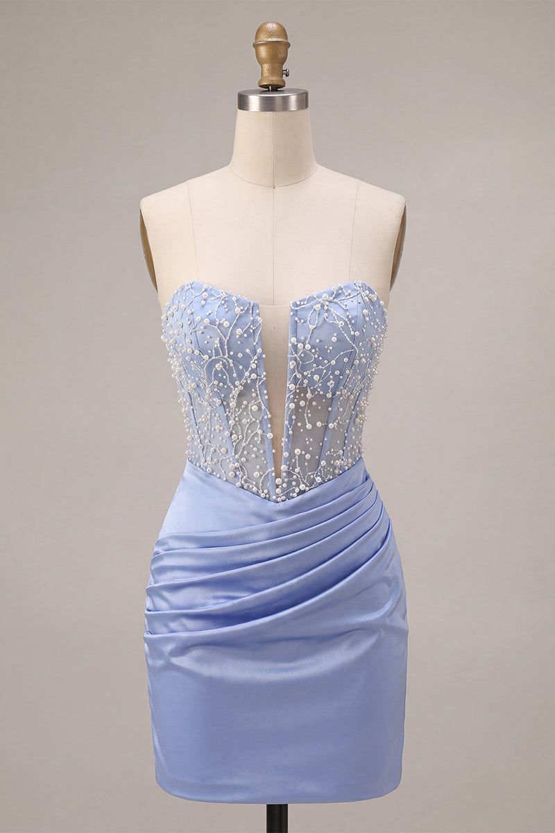 Laden Sie das Bild in den Galerie-Viewer, Himmelblaues, trägerloses Satin-Perlmutt-Kurz-Homecoming-Kurzkleid