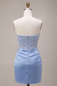 Himmelblaues Trägerloses Satin Perlmutt Kurzes Abendkleid