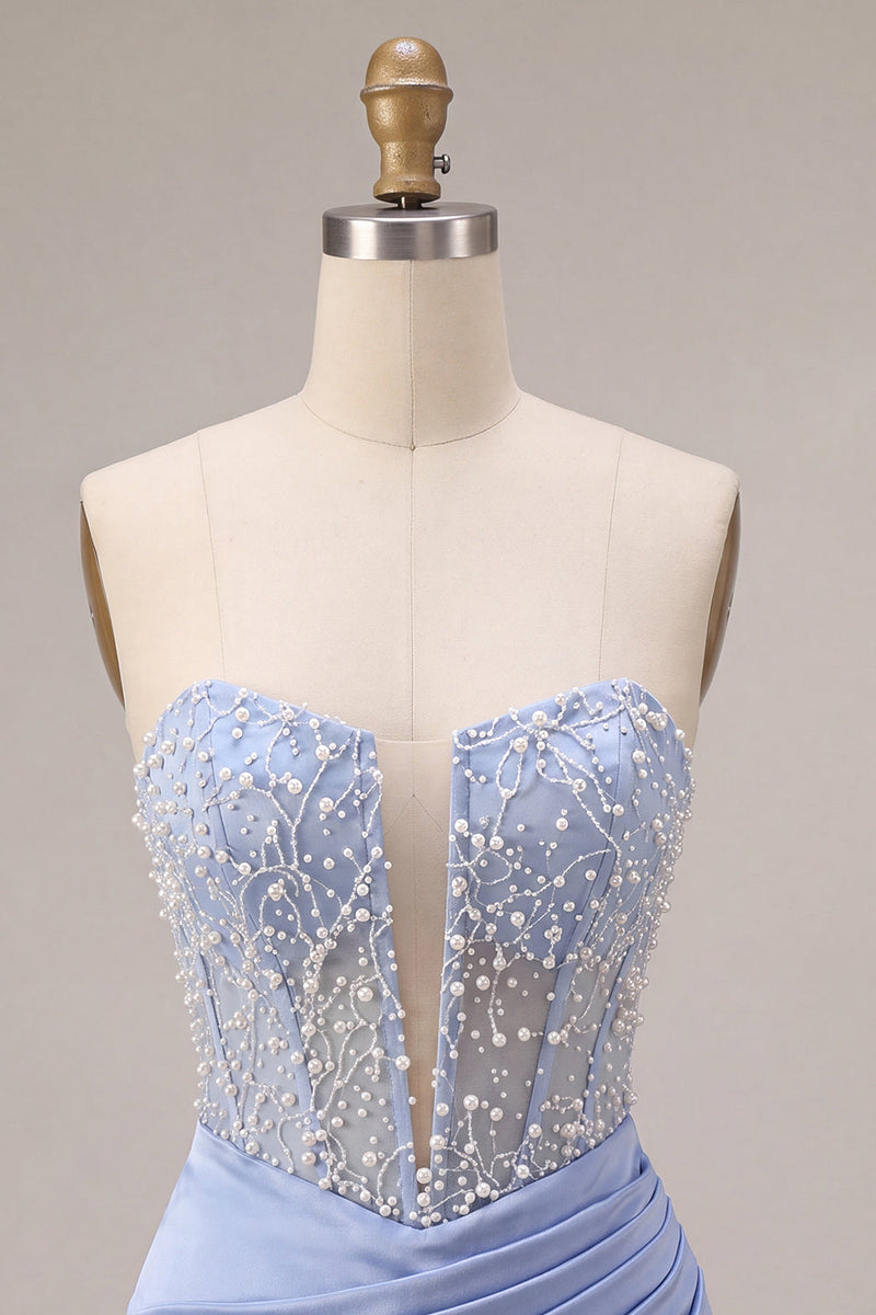 Laden Sie das Bild in den Galerie-Viewer, Himmelblaues, trägerloses Satin-Perlmutt-Kurz-Homecoming-Kurzkleid