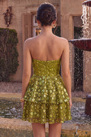 Laden Sie das Bild in den Galerie-Viewer, Olivfarbenes A-Linien gestuftes, trägerloses Pailletten-Kurzes Homecoming-Kleid