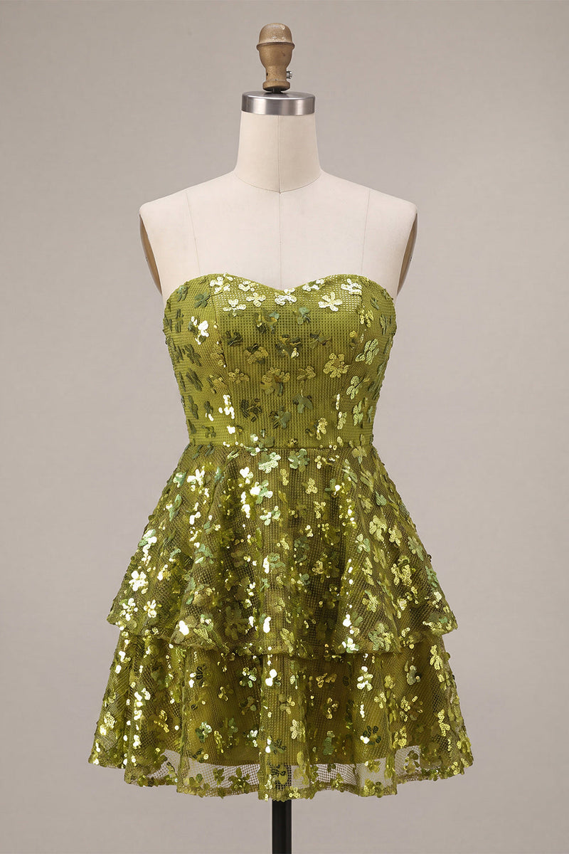 Laden Sie das Bild in den Galerie-Viewer, Olivfarbenes A-Linien gestuftes, trägerloses Pailletten-Kurzes Homecoming-Kleid