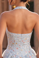 Laden Sie das Bild in den Galerie-Viewer, Himmelblaues A-Line Neckholder-Korsett, Blumen-Kurzes Homecoming-Kleid mit Rüschen