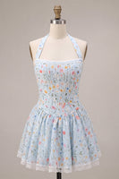 Laden Sie das Bild in den Galerie-Viewer, Himmelblaues A-Line Neckholder-Korsett, Blumen-Kurzes Homecoming-Kleid mit Rüschen