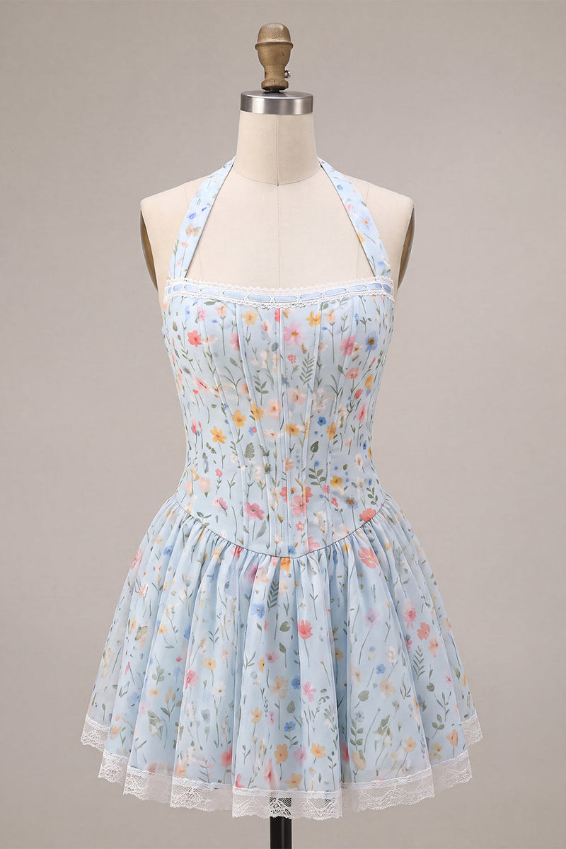 Laden Sie das Bild in den Galerie-Viewer, Himmelblaues A-Line Neckholder-Korsett, Blumen-Kurzes Homecoming-Kleid mit Rüschen