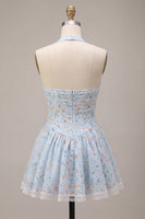 Laden Sie das Bild in den Galerie-Viewer, Himmelblaues A-Line Neckholder-Korsett, Blumen-Kurzes Homecoming-Kleid mit Rüschen