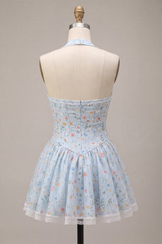 Himmelblaues A-Linie Neckholder Korsett Blumen Kurzes Abendkleid mit Rüschen