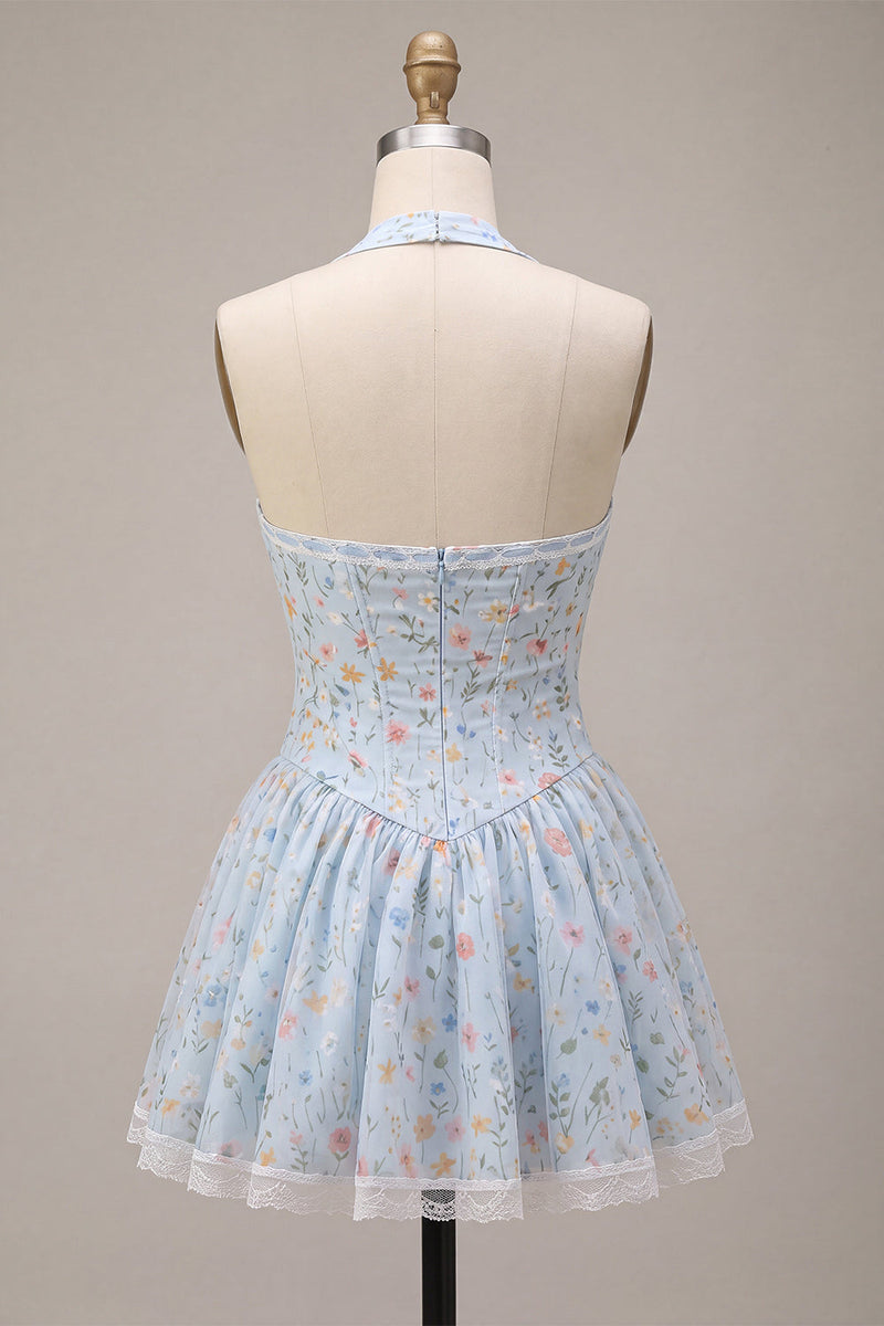 Laden Sie das Bild in den Galerie-Viewer, Himmelblaues A-Line Neckholder-Korsett, Blumen-Kurzes Homecoming-Kleid mit Rüschen