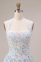 Laden Sie das Bild in den Galerie-Viewer, Himmelblaues A-Line Neckholder-Korsett, Blumen-Kurzes Homecoming-Kleid mit Rüschen