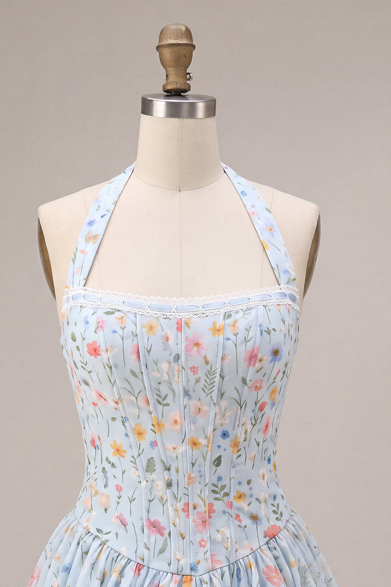 Laden Sie das Bild in den Galerie-Viewer, Himmelblaues A-Line Neckholder-Korsett, Blumen-Kurzes Homecoming-Kleid mit Rüschen