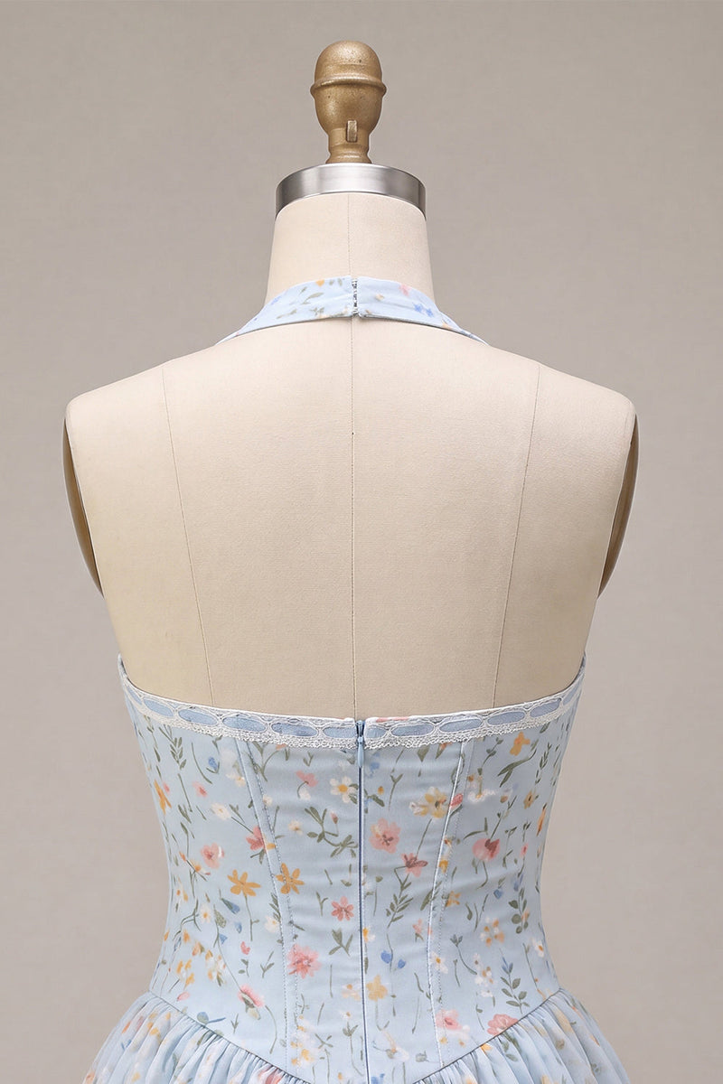 Laden Sie das Bild in den Galerie-Viewer, Himmelblaues A-Line Neckholder-Korsett, Blumen-Kurzes Homecoming-Kleid mit Rüschen