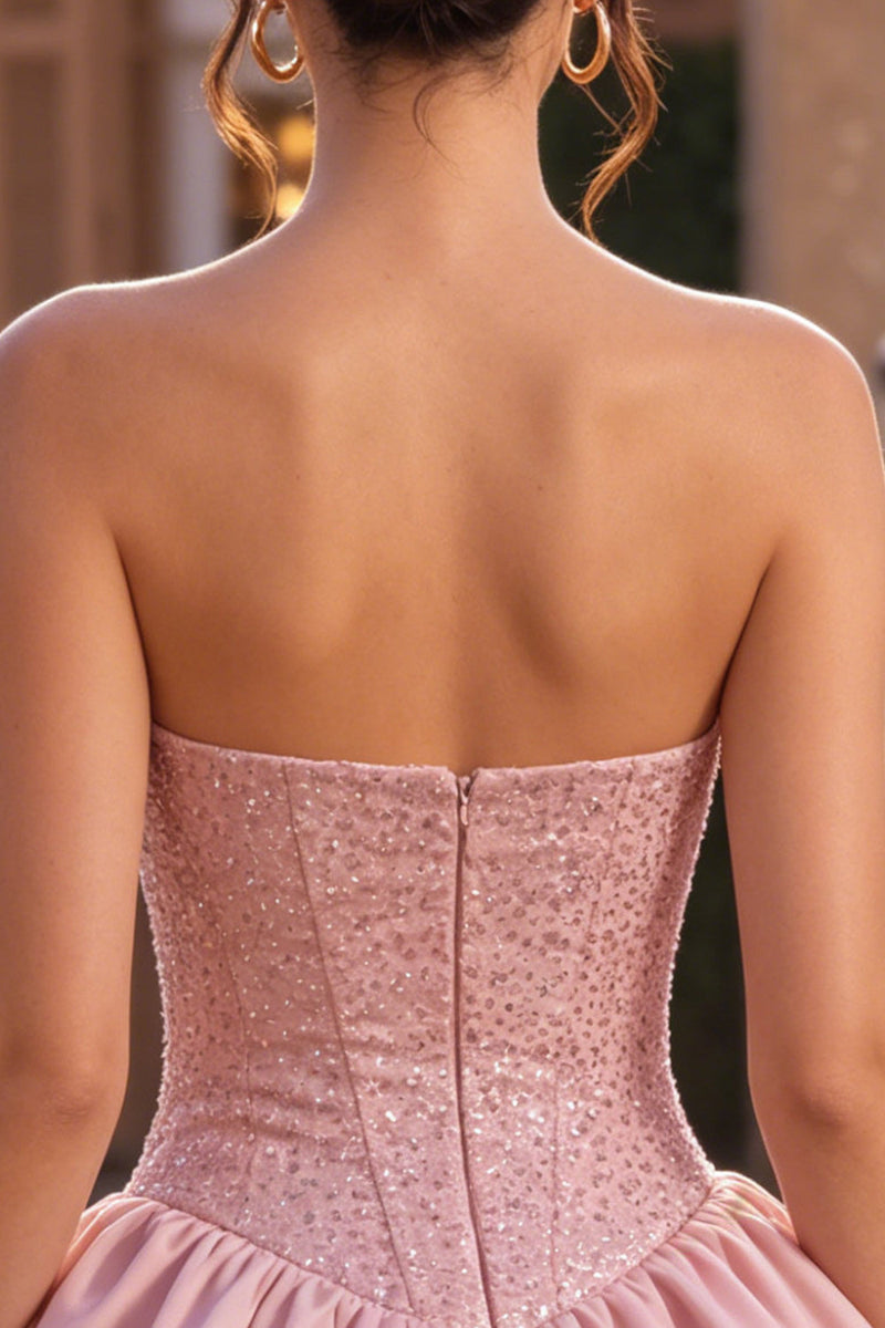 Laden Sie das Bild in den Galerie-Viewer, A-Line pinkes, trägerloses Korsett, Satin-Homecoming-Kleid mit Perlenbesatz