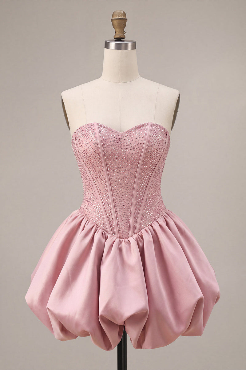 Laden Sie das Bild in den Galerie-Viewer, A-Line pinkes, trägerloses Korsett, Satin-Homecoming-Kleid mit Perlenbesatz