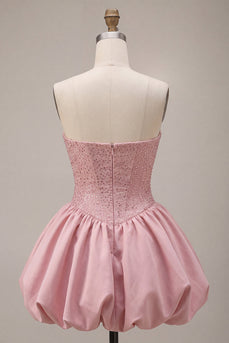 A-Linie Rosa Trägerloses Korsett Satin Kurzes Abendkleid mit Perlenbesatz