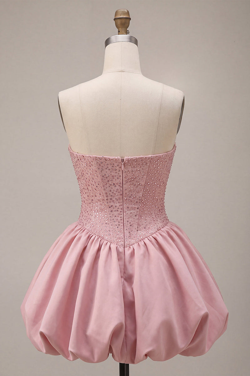 Laden Sie das Bild in den Galerie-Viewer, A-Line pinkes, trägerloses Korsett, Satin-Homecoming-Kleid mit Perlenbesatz
