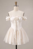 Laden Sie das Bild in den Galerie-Viewer, Elfenbeinfarbenes A-Linien-Korsett-Satin-Homecoming-Kleid mit Rüschen
