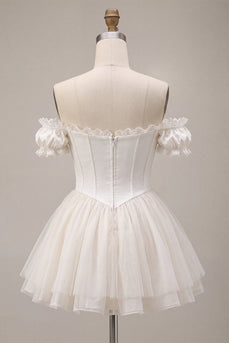 Elfenbein A-Linie Korsett Satin Kurzes Abendkleid mit Rüschen