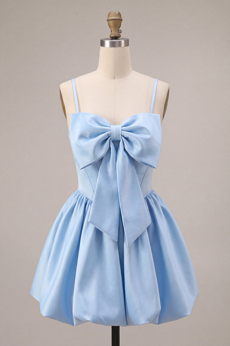 Laden Sie das Bild in den Galerie-Viewer, A-Line himmelblaues Satin-Spaghettiträger-Korsett-Heimkehrkleid mit Schleife