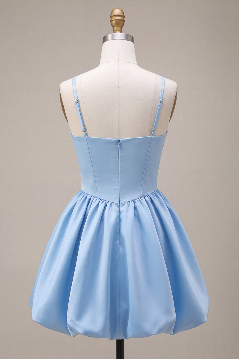 Laden Sie das Bild in den Galerie-Viewer, A-Line himmelblaues Satin-Spaghettiträger-Korsett-Heimkehrkleid mit Schleife
