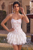 Laden Sie das Bild in den Galerie-Viewer, Weißes rosa Blumenkorsett Sweetheart gestuftes Rüschen-Homecoming-Kleid