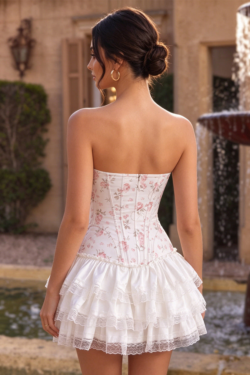 Laden Sie das Bild in den Galerie-Viewer, Weißes rosa Blumenkorsett Sweetheart gestuftes Rüschen-Homecoming-Kleid