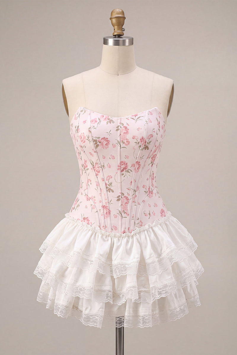 Laden Sie das Bild in den Galerie-Viewer, Weißes rosa Blumenkorsett Sweetheart gestuftes Rüschen-Homecoming-Kleid