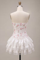 Laden Sie das Bild in den Galerie-Viewer, Weißes rosa Blumenkorsett Sweetheart gestuftes Rüschen-Homecoming-Kleid