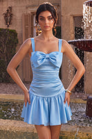 Laden Sie das Bild in den Galerie-Viewer, Himmelblaues Satin-A-Linien mit quadratem Ausschnitt und kurzem Homecoming-Kleid mit Schleife