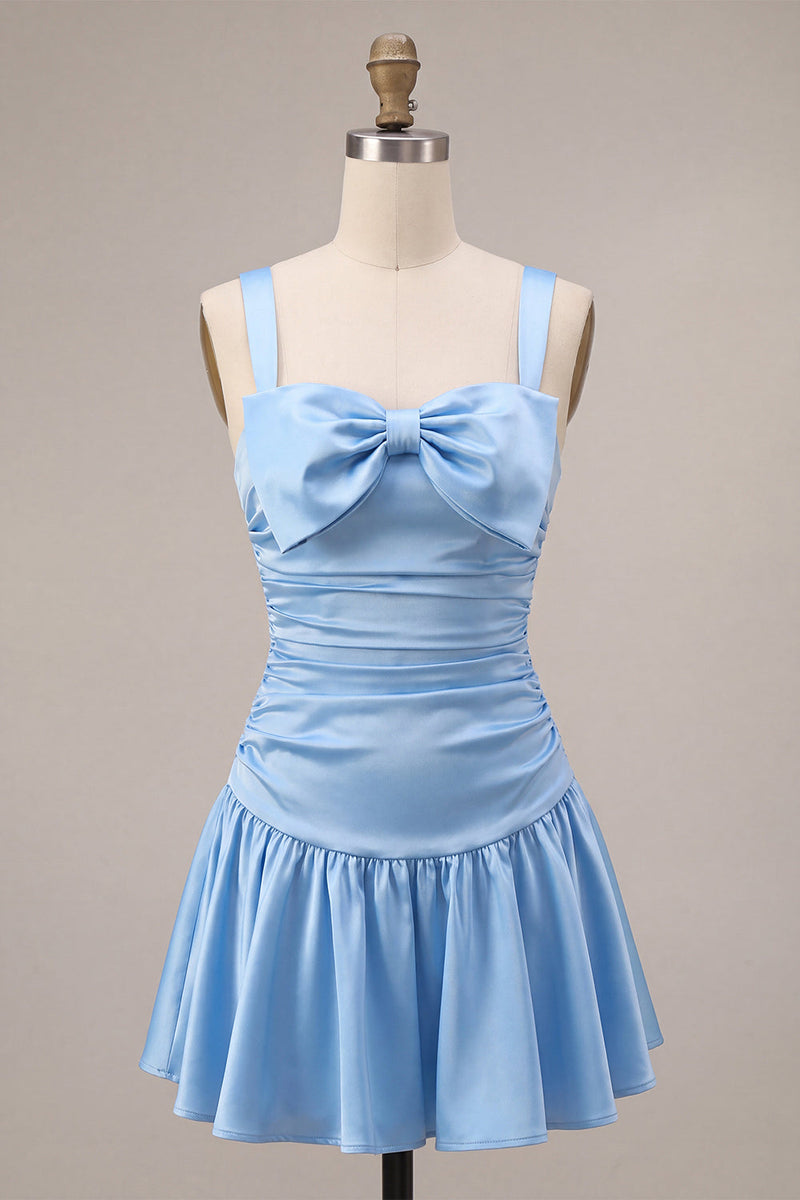 Laden Sie das Bild in den Galerie-Viewer, Himmelblaues Satin-A-Linien mit quadratem Ausschnitt und kurzem Homecoming-Kleid mit Schleife