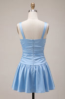 Laden Sie das Bild in den Galerie-Viewer, Himmelblaues Satin-A-Linien mit quadratem Ausschnitt und kurzem Homecoming-Kleid mit Schleife