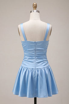 Himmelblaues Satin A-Linie Quadrathals Kurzes Abendkleid mit Schleife