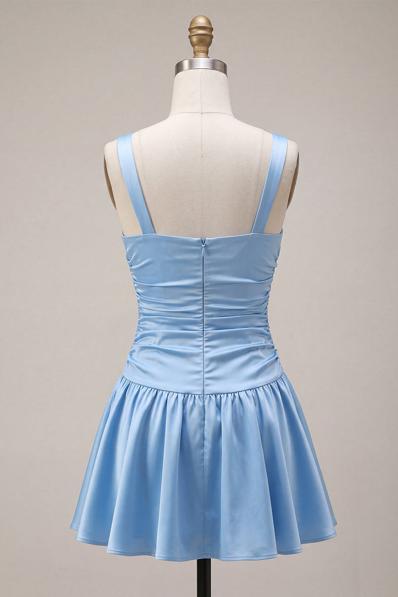 Laden Sie das Bild in den Galerie-Viewer, Himmelblaues Satin-A-Linien mit quadratem Ausschnitt und kurzem Homecoming-Kleid mit Schleife