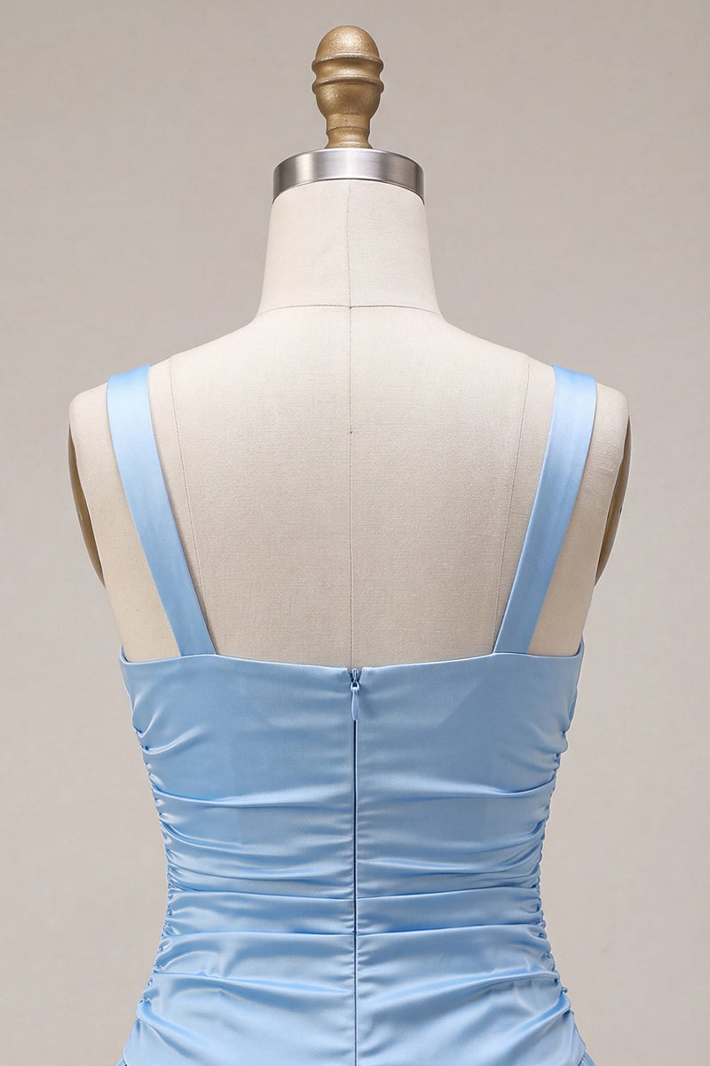 Laden Sie das Bild in den Galerie-Viewer, Himmelblaues Satin-A-Linien mit quadratem Ausschnitt und kurzem Homecoming-Kleid mit Schleife