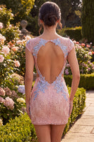 Laden Sie das Bild in den Galerie-Viewer, Rosa V-Ausschnitt Bodycon Pailletten, Blumenschnitt Homecoming-Kleid