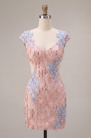 Laden Sie das Bild in den Galerie-Viewer, Rosa V-Ausschnitt Bodycon Pailletten, Blumenschnitt Homecoming-Kleid