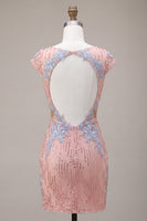 Laden Sie das Bild in den Galerie-Viewer, Rosa V-Ausschnitt Bodycon Pailletten, Blumenschnitt Homecoming-Kleid