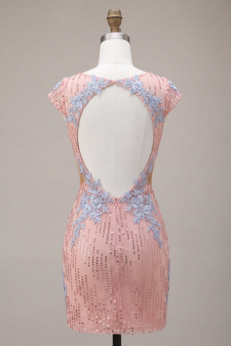 Laden Sie das Bild in den Galerie-Viewer, Rosa V-Ausschnitt Bodycon Pailletten, Blumenschnitt Homecoming-Kleid