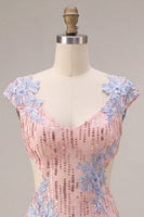 Laden Sie das Bild in den Galerie-Viewer, Rosa V-Ausschnitt Bodycon Pailletten, Blumenschnitt Homecoming-Kleid