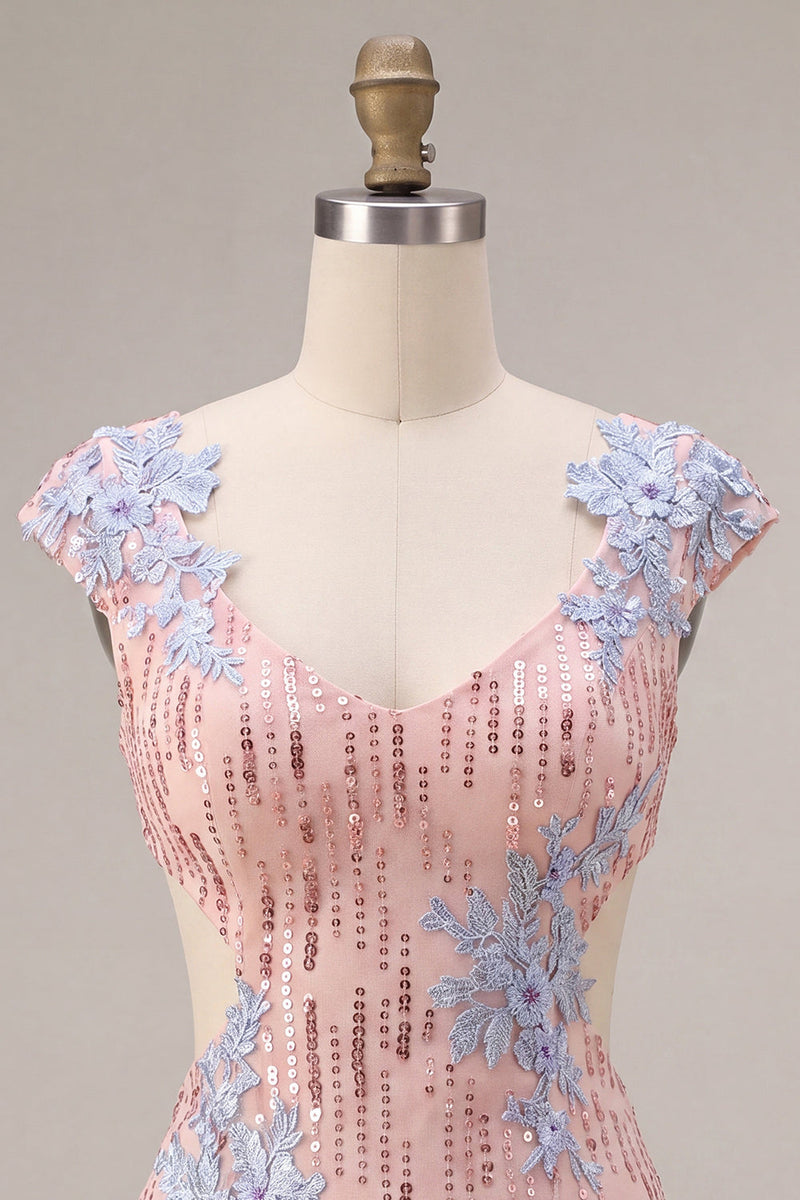 Laden Sie das Bild in den Galerie-Viewer, Rosa V-Ausschnitt Bodycon Pailletten, Blumenschnitt Homecoming-Kleid