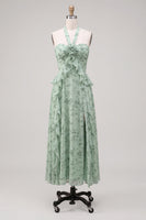 Laden Sie das Bild in den Galerie-Viewer, A-Linie Salbei-Neckholderhals Chiffon-Blumen-Midi-Kleid mit Schlitz
