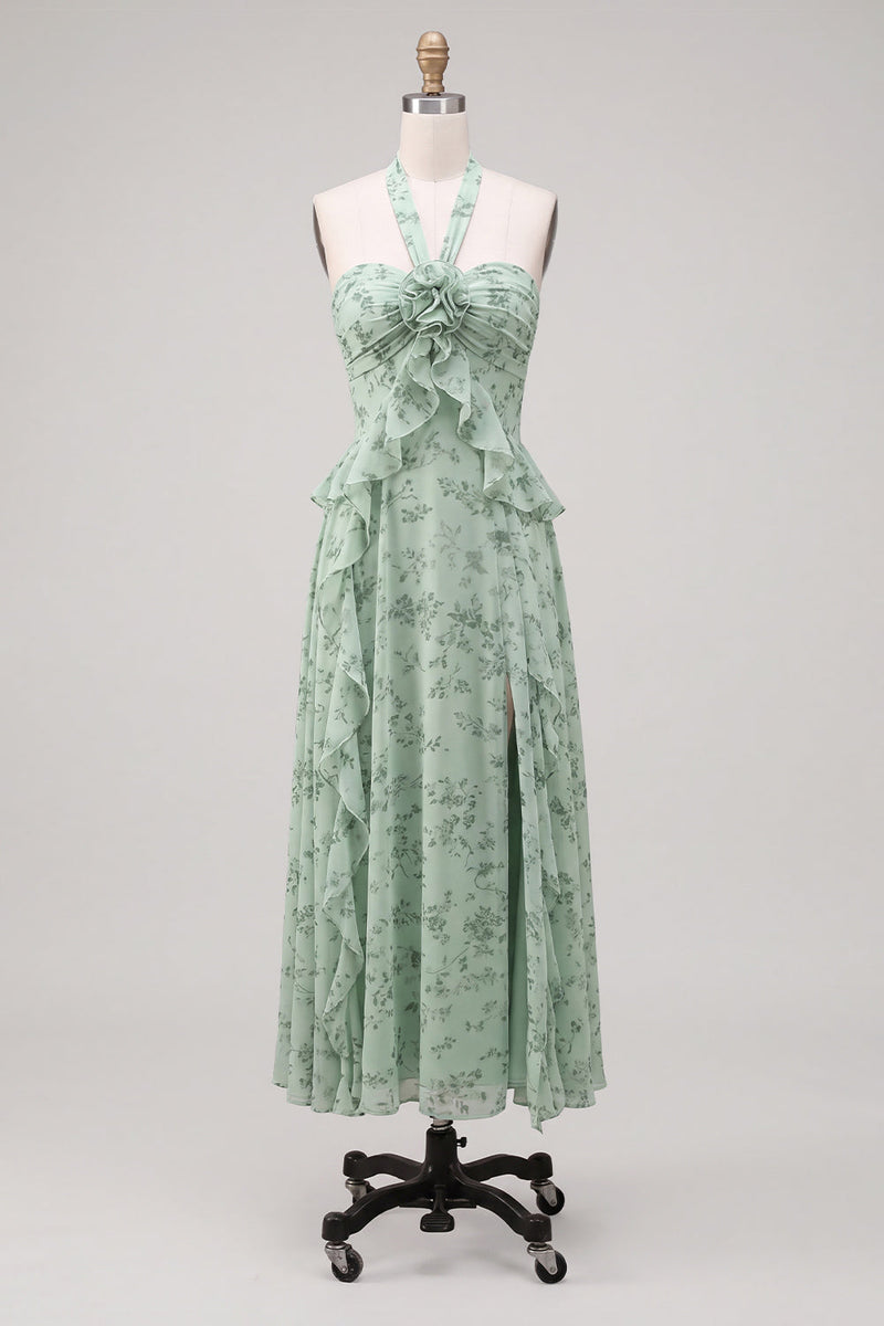 Laden Sie das Bild in den Galerie-Viewer, A-Linie Salbei-Neckholderhals Chiffon-Blumen-Midi-Kleid mit Schlitz