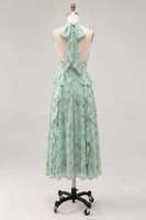 Laden Sie das Bild in den Galerie-Viewer, A-Linie Salbei-Neckholderhals Chiffon-Blumen-Midi-Kleid mit Schlitz