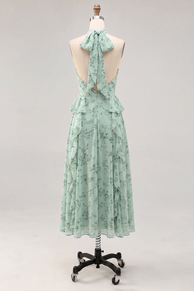 Laden Sie das Bild in den Galerie-Viewer, A-Linie Salbei-Neckholderhals Chiffon-Blumen-Midi-Kleid mit Schlitz