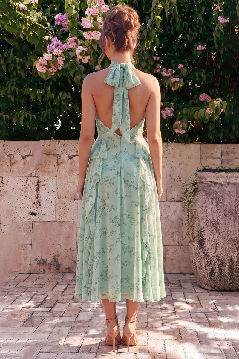 Laden Sie das Bild in den Galerie-Viewer, A-Linie Salbei-Neckholderhals Chiffon-Blumen-Midi-Kleid mit Schlitz